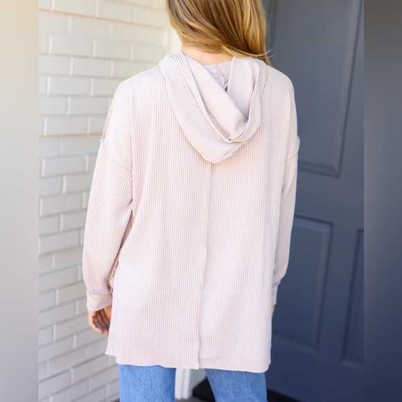 Reg. & Plus Size Casual Ivory Mineral Washed Ribbed Knit Lightweight Hoodie - Picture 3 of 14